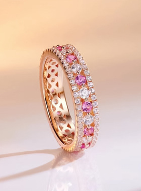 洛熙寺珠宝 2023新款925银镀玫瑰金戒指红刚玉间色排戒欧美流行款