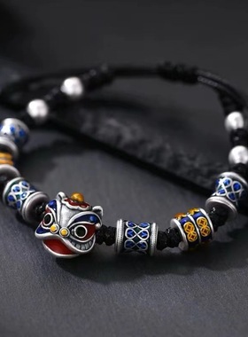 正品纯银999珐琅醒狮手链 通体足银支持鉴定精致手工银饰手绳代发