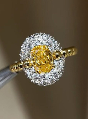 隆隆金珠宝直播新款S925银镀金高碳钻5*7发财黄钻鹅蛋冰花切戒指