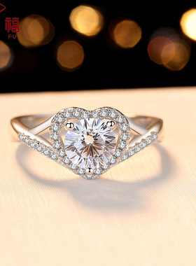 s925纯银莫桑石戒指女 欧美气质时尚镂空心形石戒银饰品 厂家批发