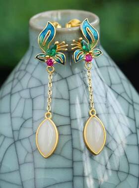 <恋>显瘦珐琅国风耳饰925银蝶恋花复古耳环花长款