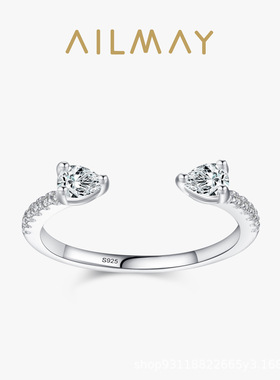 S925银满钻水滴形开口戒指女欧美轻奢ins小众设计气质百搭食指环