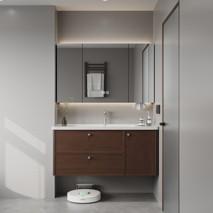 中古风实木烤漆浴室柜陶瓷一体盆组合洗手台智能洗漱台脸盆柜套装