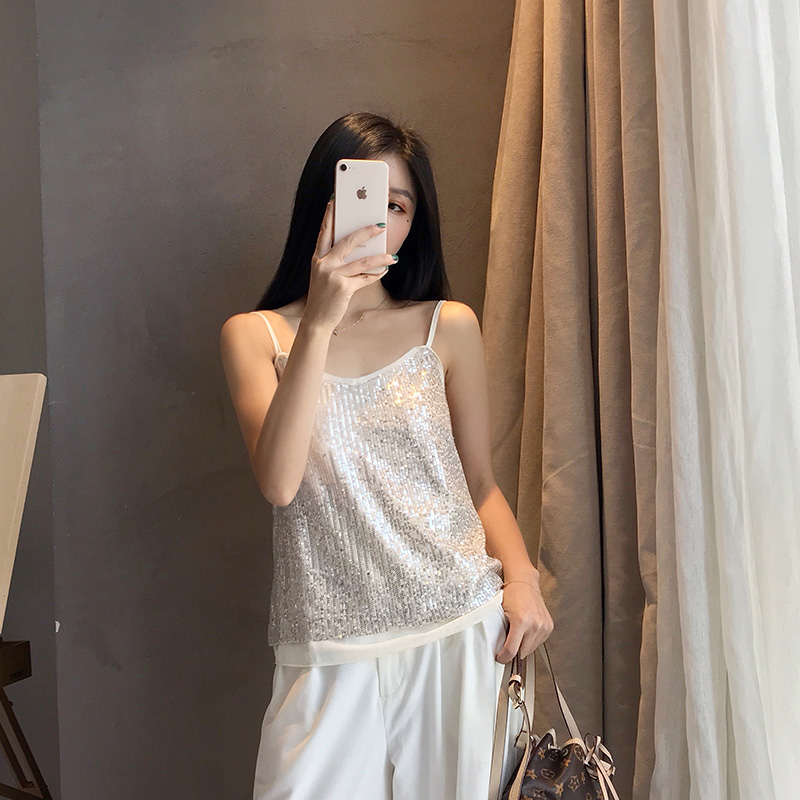 不包邮亮片吊带背心女外穿ins潮mschf吊带性感蹦迪金光闪闪露背无袖上衣
