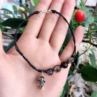 Nguyên bản tự nhiên Lucky Transit Đen Crystal Crystal Anklet Wax Rope Dệt Bạc Lucky Cat Mặt dây chuyền Nữ - Vòng chân lắc chân chuông