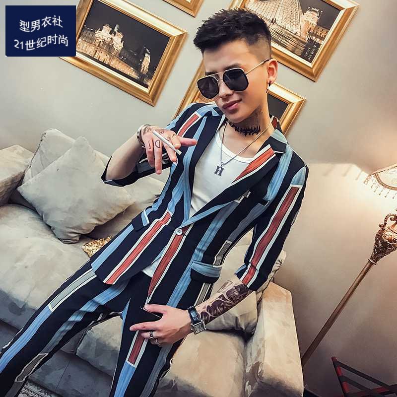 夏季社会精神小伙五分袖修身彩色条纹西服套装男痞帅小码夜店礼服|msdalam kategori Pakaian Lelaki, Sut - dari Buy2taobao.com untuk memberikan perkhidmatan ejen Taobao profesional membeli