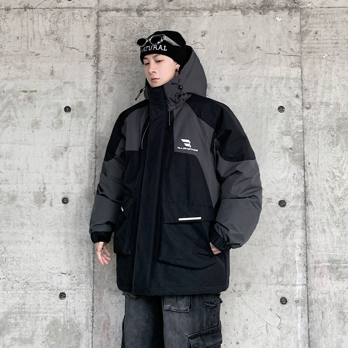 美式潮牌工装风拼接连帽羽绒服男2026冬季新款户外防寒保暖外套男