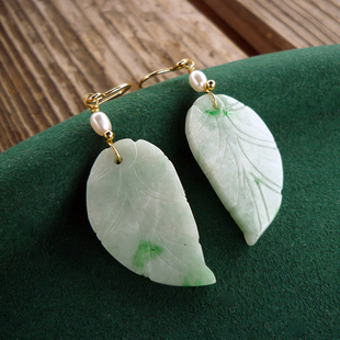 创汇期缅甸阳绿天然翡翠叶子珍珠银耳环古典宫廷国风旗袍优芝设计