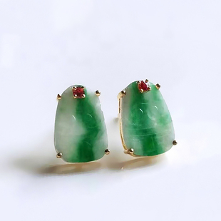 创汇期天然A货老翡翠红宝石银镀金耳钉复古日常国风原创优芝设计