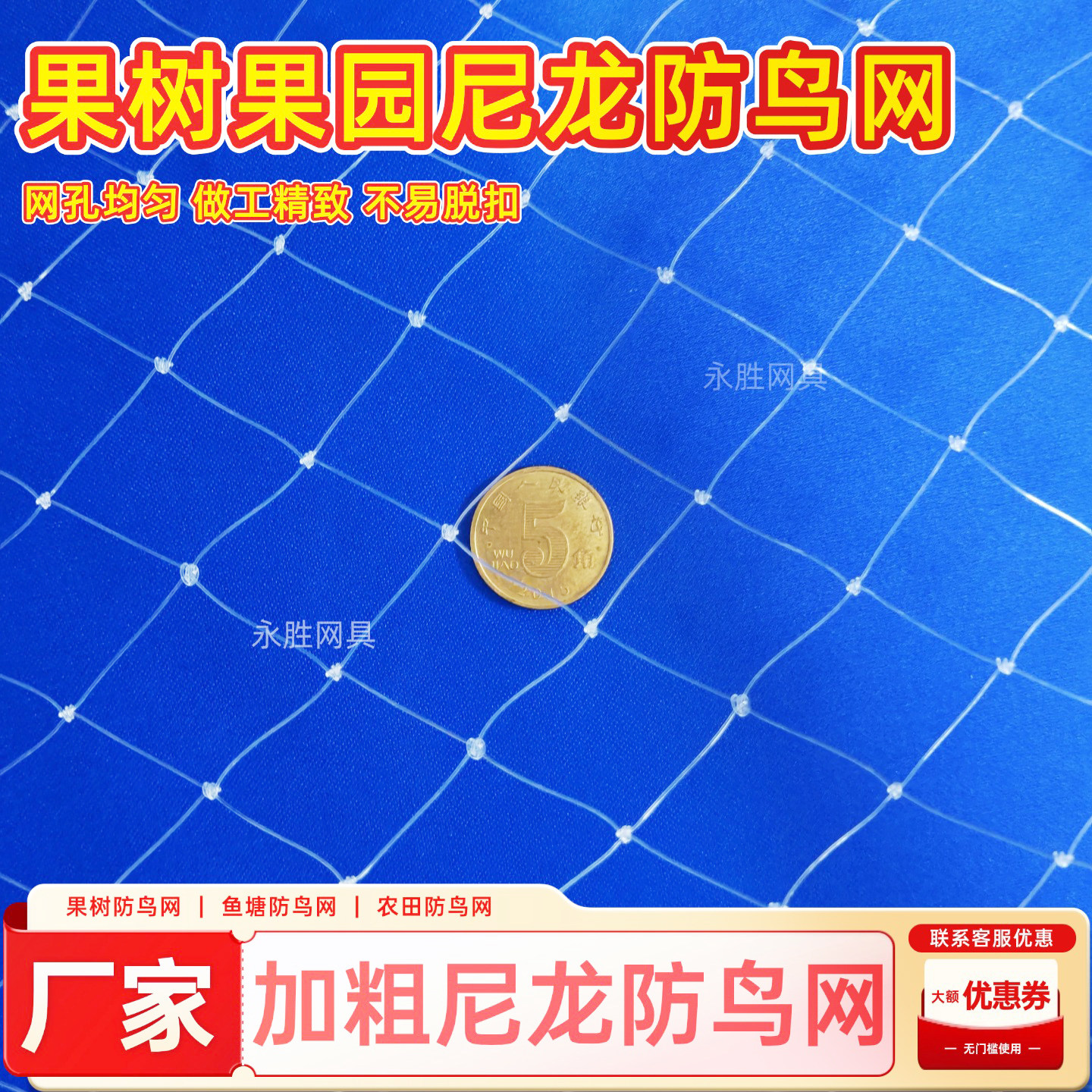 农用防鸟网鱼线加粗材质果树葡萄樱桃防鸟网鱼虾蟹池塘稻谷防鸟网