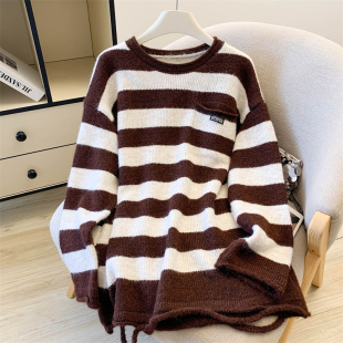 女装 2025大码 文艺复古宽松条纹套头棉线圆领百搭毛衣 新款 胖mm冬季