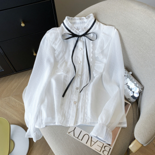 宫廷风木耳边雪纺上衣女高级感别致衬衫 法式 新款 秋季