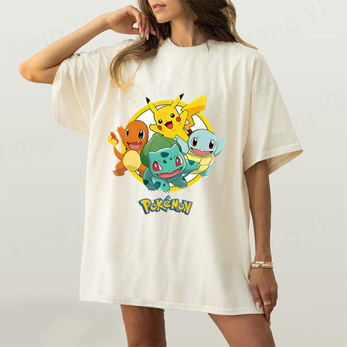厂家批发外贸美式新款宝可梦POKEMON短袖男女t恤宽松情侣棉t恤