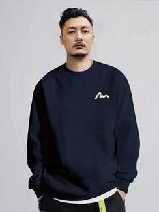 新款 潮牌圆领上衣2025早春季 藏蓝色宽松情侣加绒衣服 美式 卫衣男士