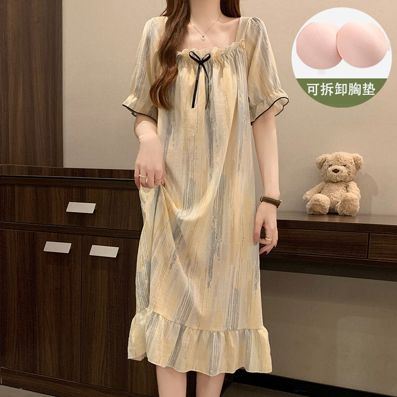 带胸垫睡裙女款夏季泡泡棉中长款图片