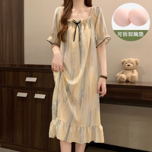 短袖 2025年新款 泡泡棉中长款 夏季 睡衣女士孕妇夏天 带胸垫睡裙女款