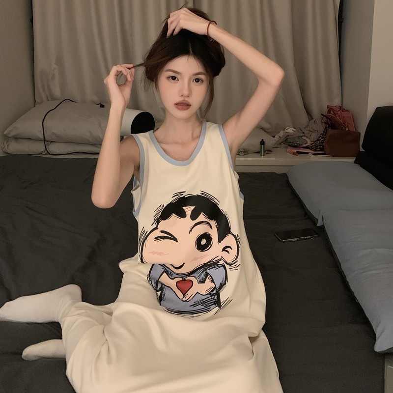 睡衣女夏可爱蜡笔小新带胸垫长款