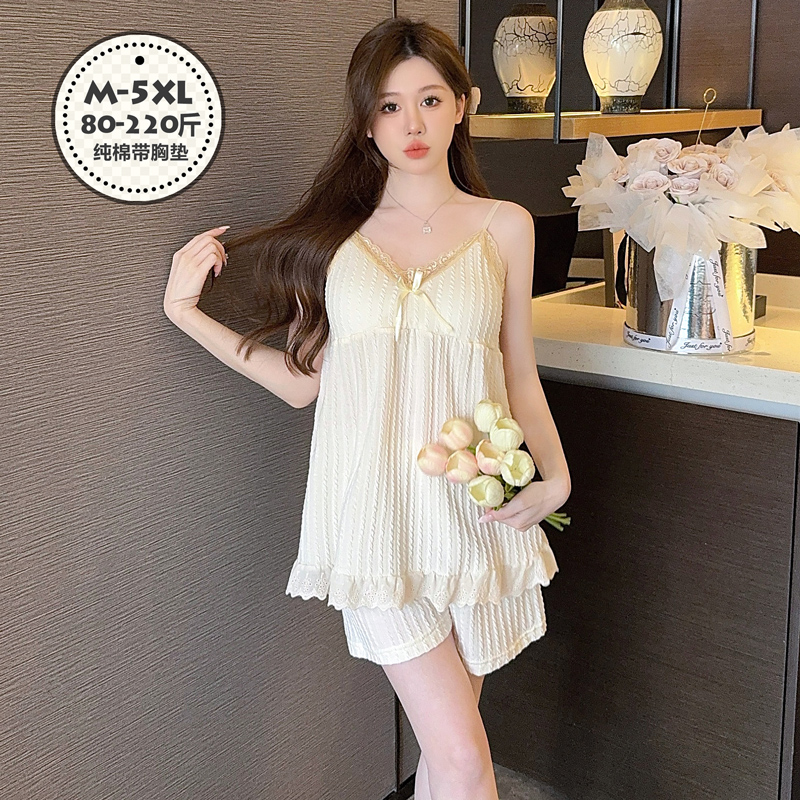 睡衣女夏带胸垫吊带套装夏季纯棉