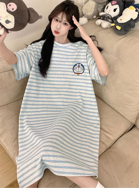 26睡裙女夏季纯棉短袖条纹叮当猫