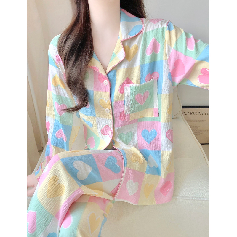 春秋新款彩色多巴胺云朵棉睡衣女长袖长裤套装甜美外穿开衫家居服