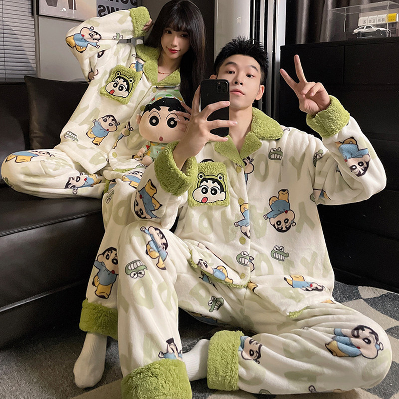 珊瑚绒情侣睡衣女款冬季加绒加厚卡通可爱秋冬男士开衫家居服套装