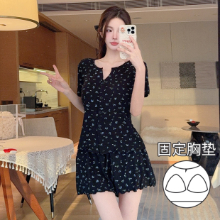 夏天家居服套装 莫代尔带胸垫睡衣女夏季 甜美碎花2025新款 短裤 短袖