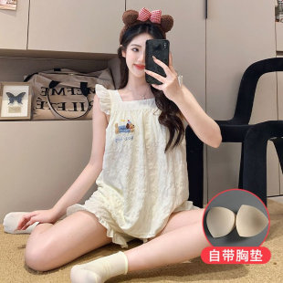 带胸垫睡衣女款 夏季 云朵棉可爱腊肠狗吊带短裤 背心外穿家居服套装