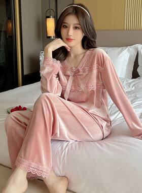 睡衣女秋冬长袖娃娃领金丝绒套装