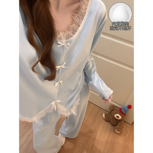 纯棉睡衣女款带胸垫春秋季2026新款高级感性感蕾丝花边冬天家居服