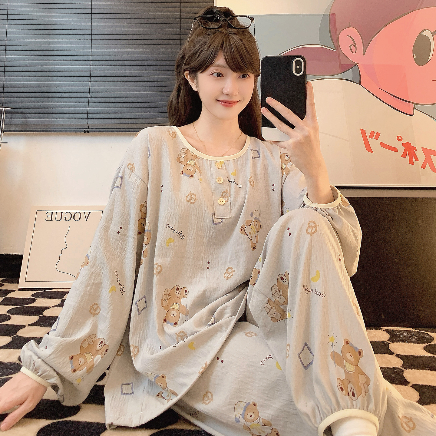 睡衣女春秋长袖可爱圆领宽松套装