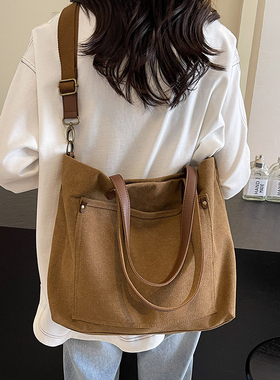 简约时尚大容量女单肩包超火ins春秋新款百搭包包小众帆布托特包