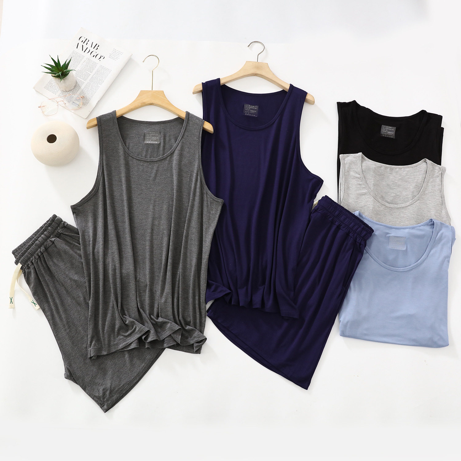 春夏男睡衣薄莫代尔休闲套装运动大码宽松背心短裤圆领无袖家居服