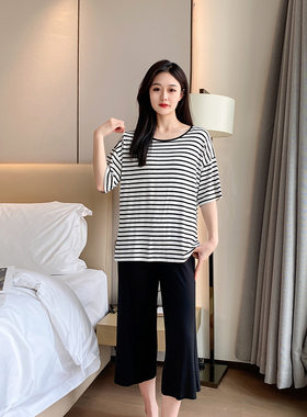 春夏睡衣女条纹短袖七分裤套装薄弹力瑜伽运动大码休闲家居服外穿