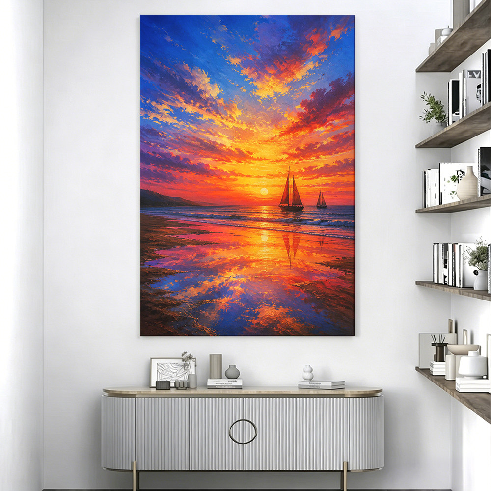 日落海景帆船风景装饰画客厅挂画现代简约卧室壁画