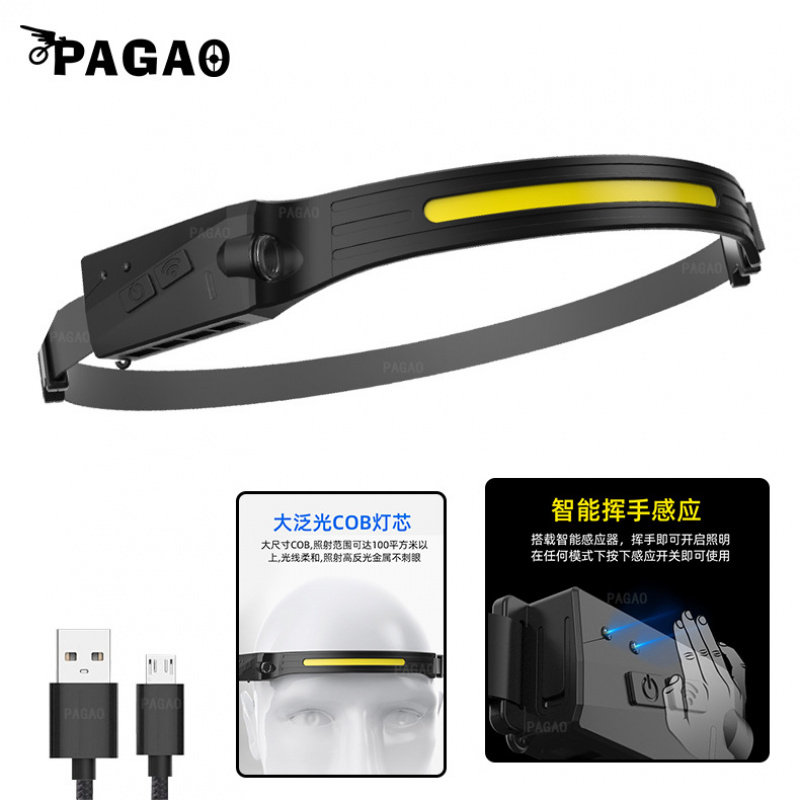 感应COB硅胶头灯户外骑行灯USB充电夜夜钓跑步灯LED头灯1200毫安