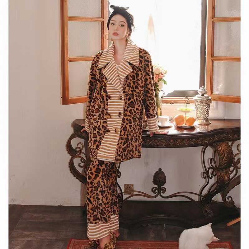 新款绒风衣女中长款秋冬2024新款宽松显瘦豹纹外套女士流行大衣