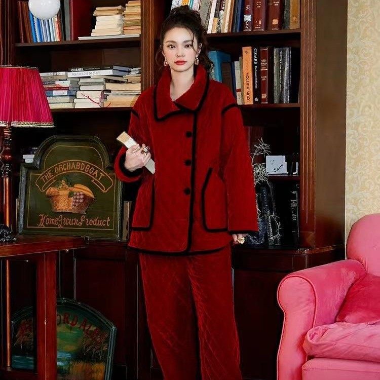 2025冬季新款原创睡衣女三层夹棉加厚保暖珊瑚绒家居服套装可外穿