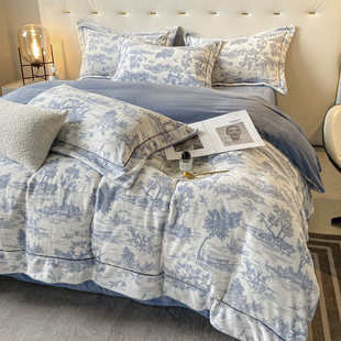 冬季 床品 国风蓝白印花牛奶绒四件套保暖亲肤婴儿绒宽边被套床笠款