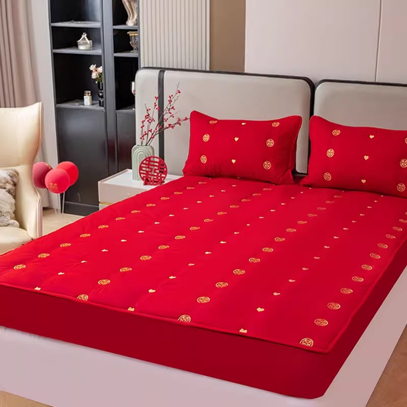 大红色夹棉床笠单件结婚防滑床罩三件套婚庆陪嫁床垫席梦思保护套