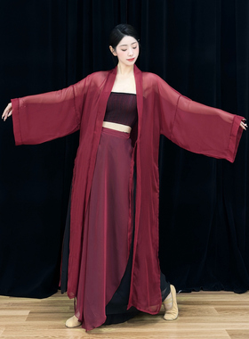 古典舞服女成人国风爵士大袖外披纱衣红色套装飘逸古风舞蹈演出服