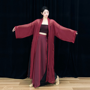 古典舞服女成人国风爵士大袖外披纱衣红色套装飘逸古风舞蹈演出服