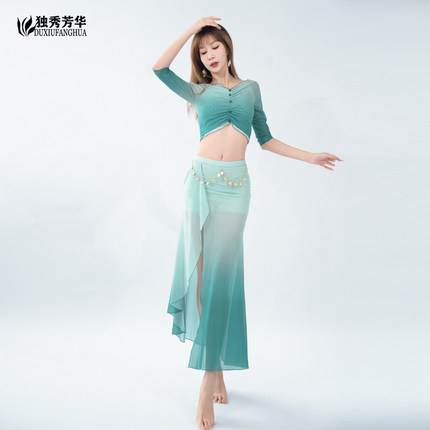 肚皮舞练功服装女成人新款渐变色网纱V领性感开叉长裙初学者舞蹈