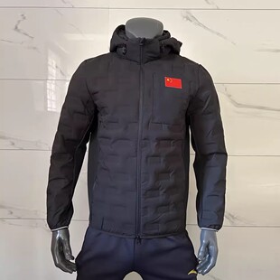 ANTA安踏短款羽绒服男连帽保暖外套黑色轻薄运动羽绒服外套国旗款