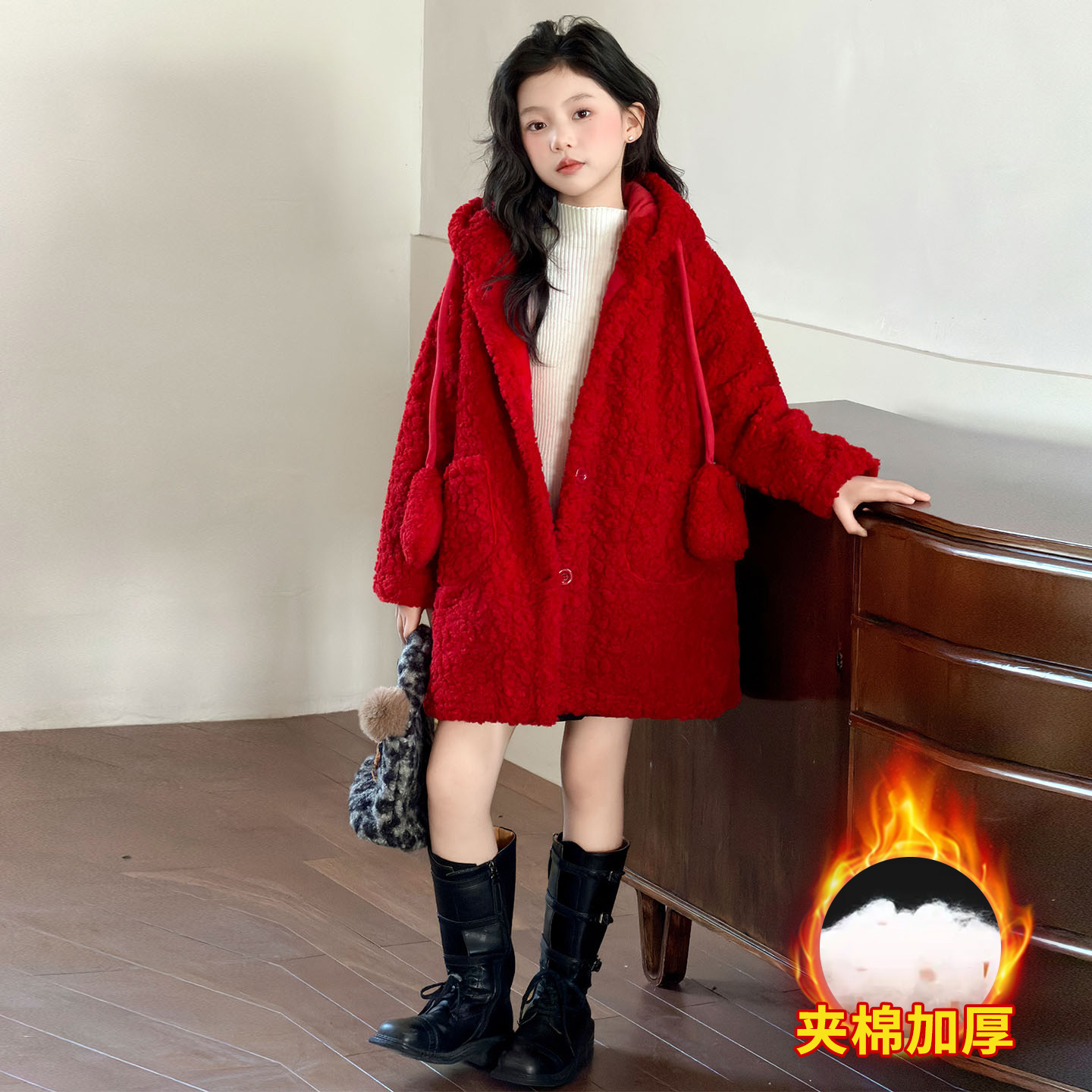女童毛毛衣加绒加厚冬装羊羔绒大衣中长款红色连帽毛呢子大衣外套