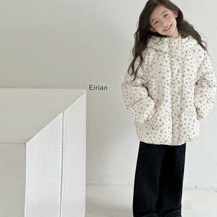 女童羽绒服2025新款洋气中大童碎花连帽面包服冬季加厚白鸭绒外套