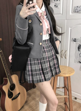 车厘子jk【水原道】原创制服女灰粉韩式西服外套新款收腰显瘦西装