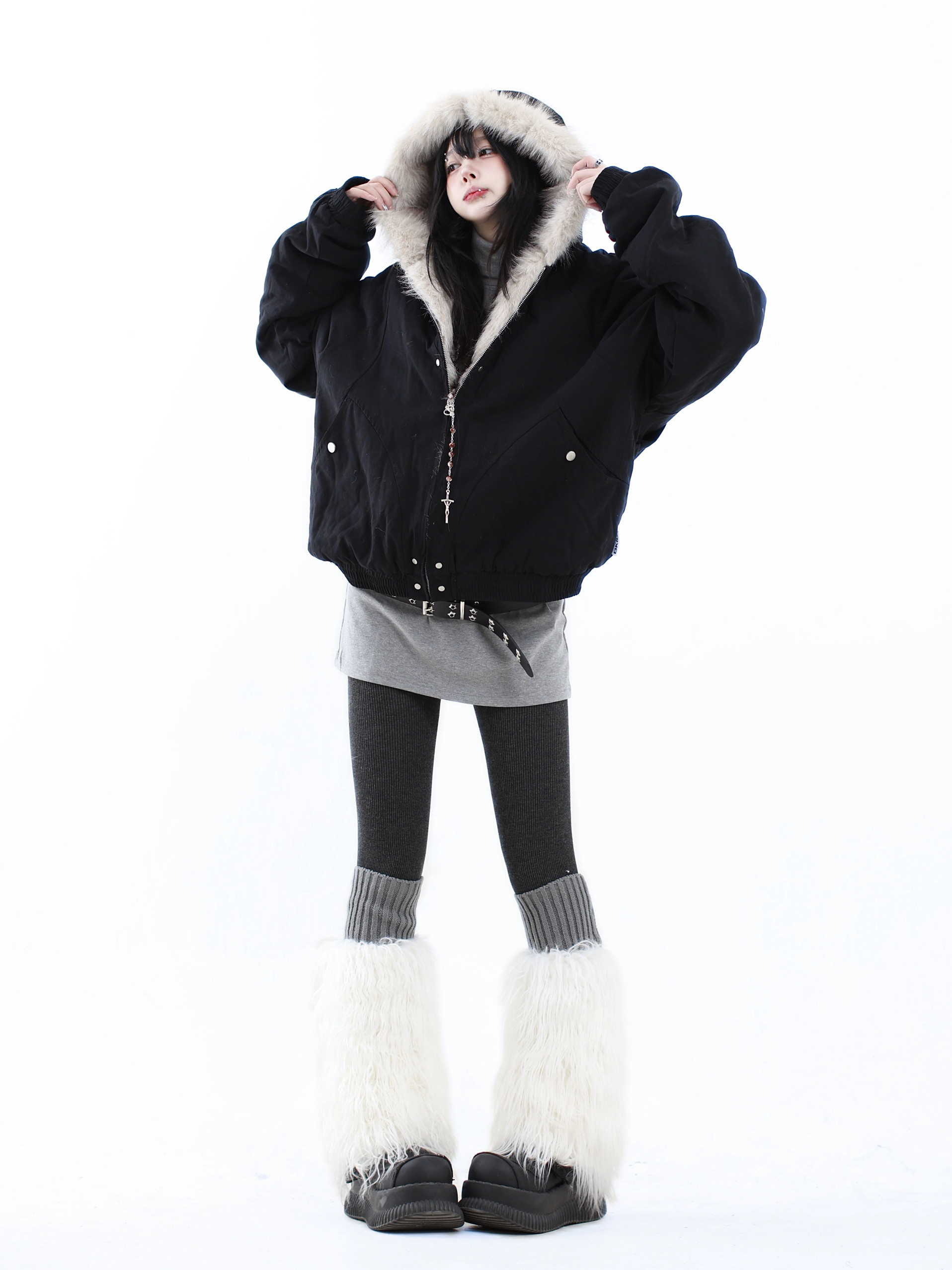 咖喱人美式座山雕毛领加绒加厚棉服夹克男女冬季工装外套