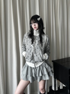 咖喱人 y2k轻亚日韩短款星星满印古早拼接高领拉链外套宽松少女