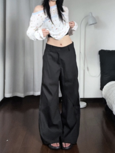 男女阔腿裤 咖喱人夏新款 长裤 休闲裤 立体剪裁分割褶皱垂感直筒西裤