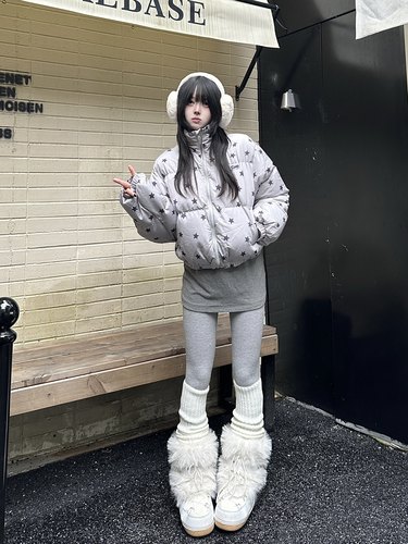 咖喱人原创设计感星星满印短款棉服女冬季宽松加厚保暖面包服外套